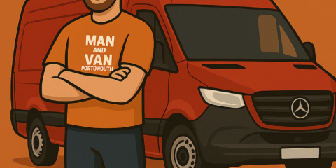 Portsmouth moving company – Man and Van Portsmouth with red moving van and phone number for local removals.