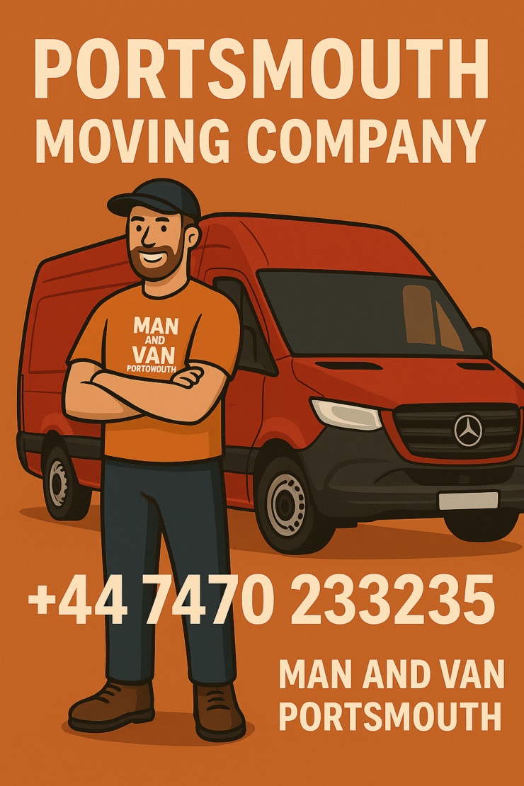 Portsmouth moving company – Man and Van Portsmouth with red moving van and phone number for local removals.