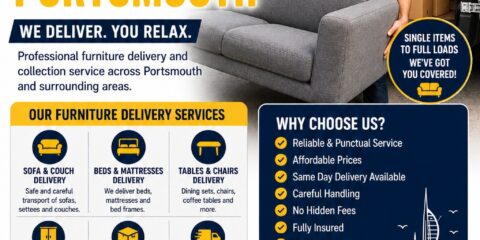 Furniture Delivery Portsmouth same day service flyer with delivery van and mover carrying a sofa