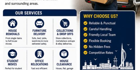 Man and Van Portsmouth same day removals flyer with removals van and professional mover holding boxes