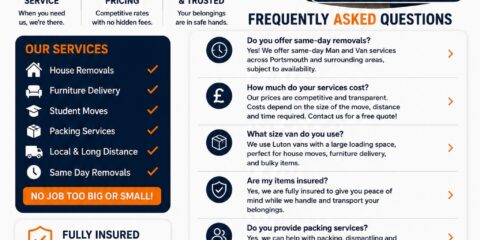 Man and Van Portsmouth same day house removals and moving services flyer with customer reviews and FAQ section
