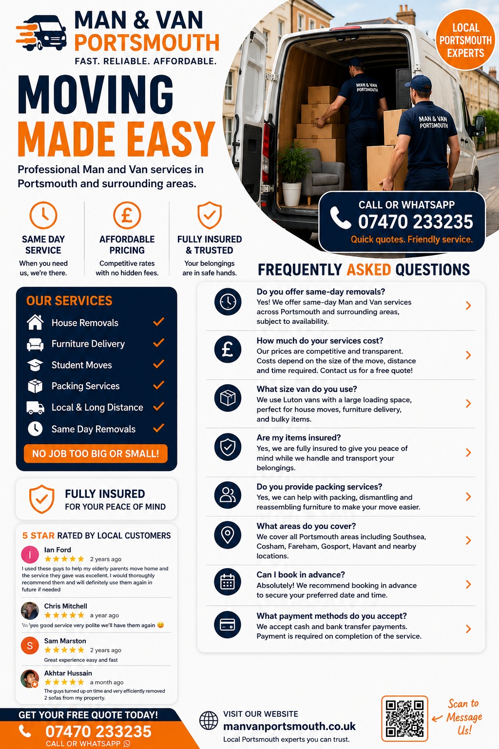 Man and Van Portsmouth same day house removals and moving services flyer with customer reviews and FAQ section
