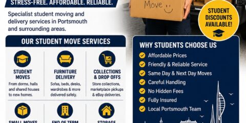 Student Moves Portsmouth flyer with student mover, removals van, and university accommodation moving service